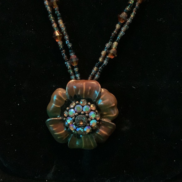 Vintage Sunflower w/ ab & citrine crystals w/ seed bead necklace - Picture 3 of 9